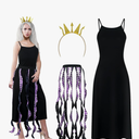 3 Pcs Women Octopus Costume Black Purple Octopus Dress Long Tentacles Gold Crown Undersea Witch for Halloween