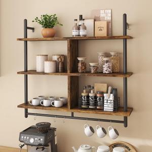 Bestier 41.5" Floating Shelves for Wall 3 Tier Kitchen Shelves Wall Mounted Coffee Bar Shelf Hanging Mug with 8 Hooks, Industrial Display Pipe Shelving for Kitchen Living Room Bathroom, Rustic Brown (41 Inch Extra Long)