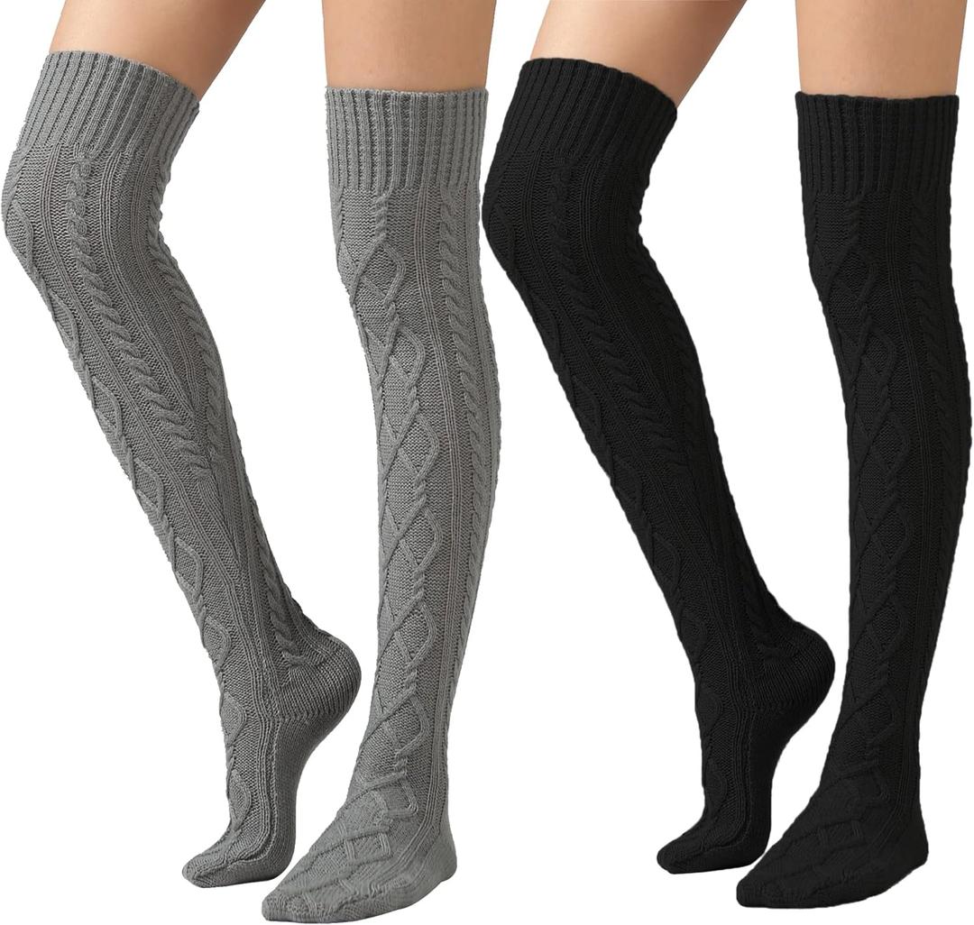 SherryDC Women's Cable Knit Thigh High Boot Socks Extra Long Winter Stockings Leg Warmers (2 Packs Grey+black)