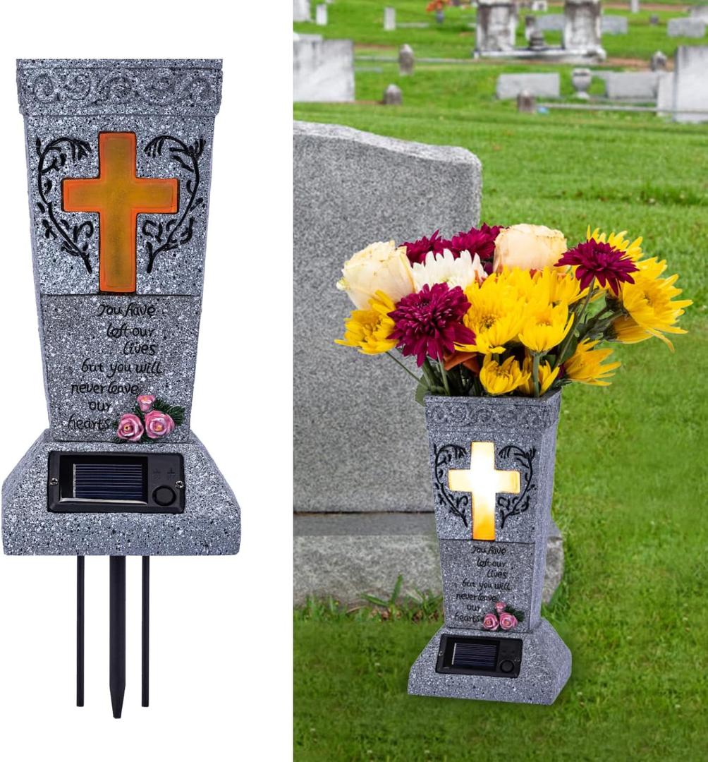 Solar Cemetery Grave Vase with LED for Fresh/Artificial Flowers Headstones Vases with Spikes Gravestone Decor Memorial Gifts for Loss of Loved One