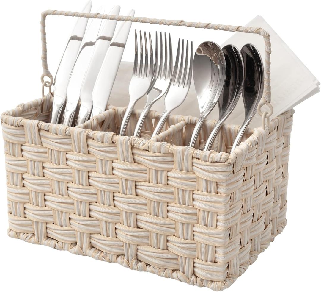 GRANNY SAYS Wicker Utensil Organizer, Silverware Caddy, Countertop Spoon and Fork Holder (Butter Milk)