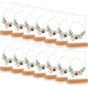 Vinsot 16 Pack 5 x 7 Inch Clear Acrylic Sign with Wood Base T Shape Sign Holder Vertical Blank Stands Desktop Display Plastic Menu Frame Double Sided Stand for Wedding Restaurant Party Decor