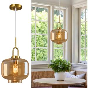 Cognac Glass Pendant Lights Kitchen Island Gold Pendant Light Fixtures Adjustable Height Modern Pendant Lighting for Bedroom Dining Room (9.06 in 1-Pack)