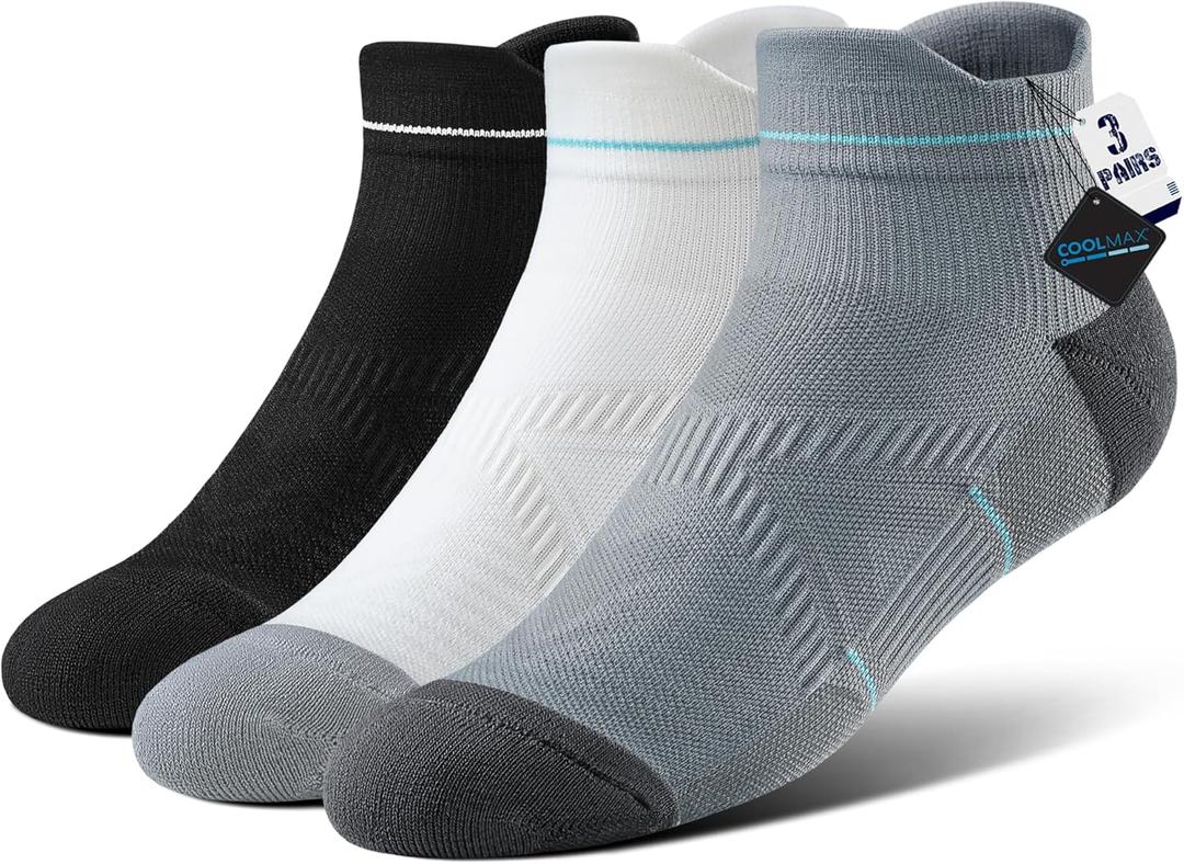BRISIRA Coolmax Bamboo Viscose Women Compression Running Ankle Socks No Show Athletic Wicking Thick Cushioned Arch Support (5-7, Black + White + Grey High)