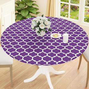 Smiry Round Picnic Tablecloth, Waterproof Elastic Fitted Table Covers for 57" - 68" Tables, Wipeable Flannel Backed Vinyl Tablecloths for Camping, Indoor, Outdoor, Purple & White, For Up to 57"-68" Round