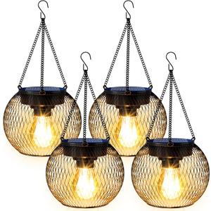 Solar Lanterns Outdoor Waterproof 4 Pack, Upgraded Metal Solar Hanging Lights with Hooks & Auto On/Off, Brighter Warm Outdoor Hanging Lantern Lighting for Porch Garden Yard Pathway Decor