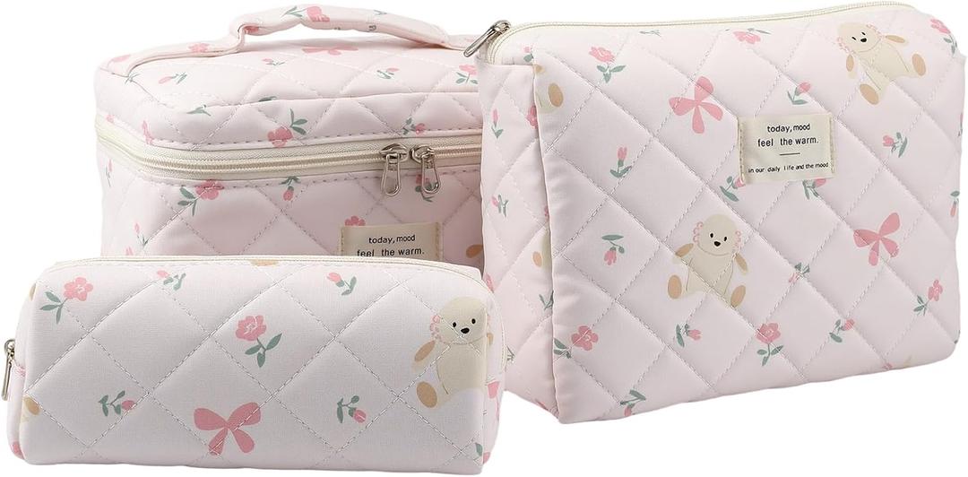 3PCS Coquette Makeup Bag,Quilted Cosmetic Bag Large Make Up Bag Set,Quilted Portable Toiletry Organizer Bag,Cotton Travel Skincare Bag for Women Girls (05-Pink Rabbit)