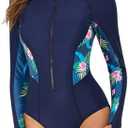 ABAFIP Women's Long Sleeve Rash Guard Bathing Suit Zip up One Piece Swimsuits Modest Surfing Swimwear, XL