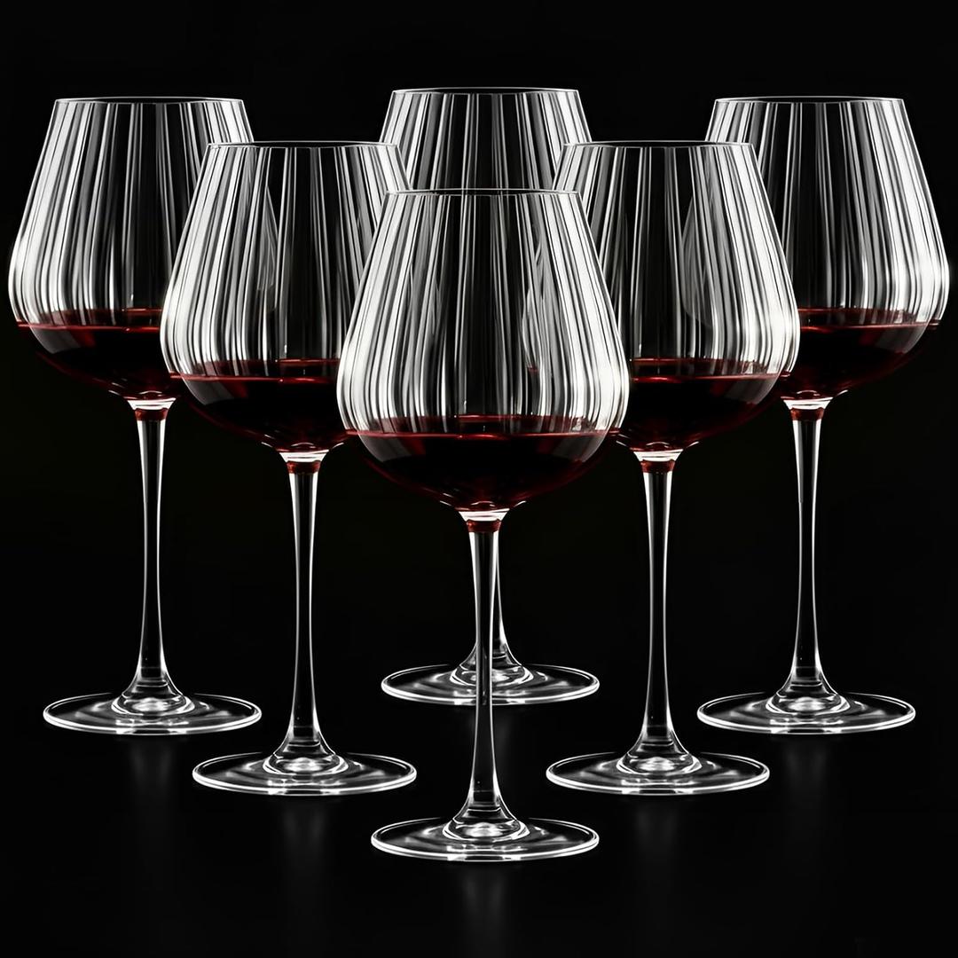 Set of 6 Ribbed Wine Glasses, Stemmed Wine Glasses, Vintage Ribbed Glassware Sets for Red White, Champagne Sparkling Tasting, Cocktail, Anniversary, Dinner Party, Wedding(20 oz,Burgundy)