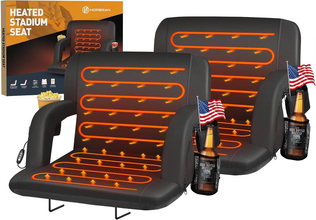 HOPERAN Heated Stadium Seats for Bleachers with Back Support Wide Cushion, Extra Portable Bleacher Seat Foldable Stadium Chair, USB 3 Levels of Heat, Pockets for Outdoor Indoor Sports 25" Black 2pcs