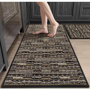 Kitchen Rugs Sets of 2-Non Slip Kitchen Mats for Floor-Thick Stain Resistant Vintage Kitchen Floor Mat Runner Carpet for Hallways Entryway Laundry Room Washable（Black 20"x47"+20"x32"）
