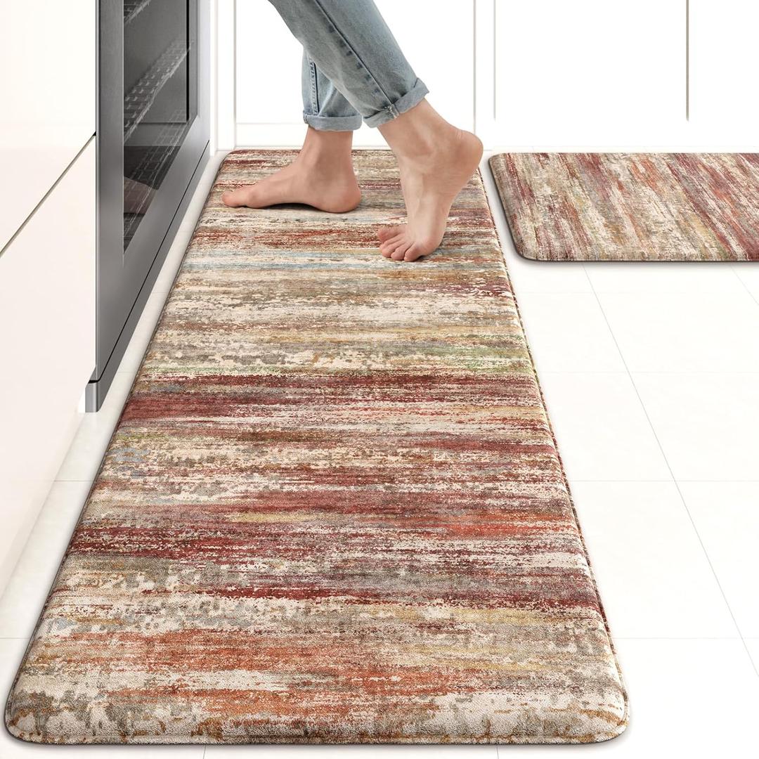KIMODE Anti Fatigue Kitchen Mats, Farmhouse Kitchen Rugs Sets of 2, Non Slip Kitchen Mats for Floor, Cushioned Kitchen Floor Mats for Sink Laundry Office Desk Red Brown 17"x47"+17"x29"