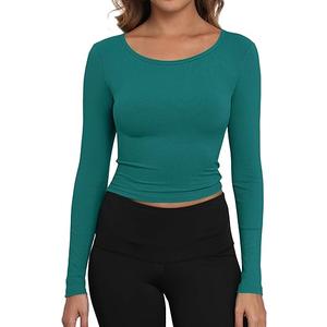 Artfish Women's Casual Basic Ribbed T-Shirts Slim Fitted Boat Neck Long Sleeve Crop Top (Medium, Teal)