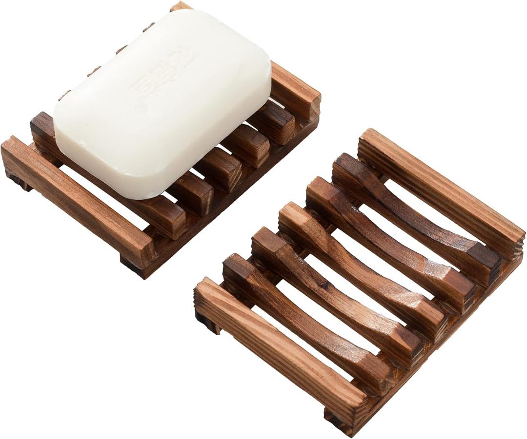 Wooden Soap Dish for Shower,Set of 2 Shower Soap Holder,Self draining Bar Soap Holder for Bathroom, Homemade Soaps Saver Natural Soaps Tray, Vowupt (Brown)