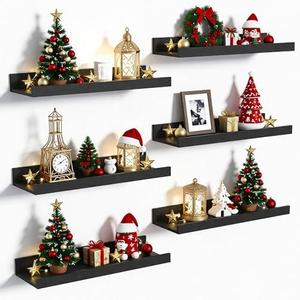upsimples Floating Shelves for Wall, Wall Shelves for Decor Storage Set of 6, Wall Mounted Wood Shelf for Bedroom, Living Room, Bathroom, Kitchen, Picture Ledge Shelf, Black
