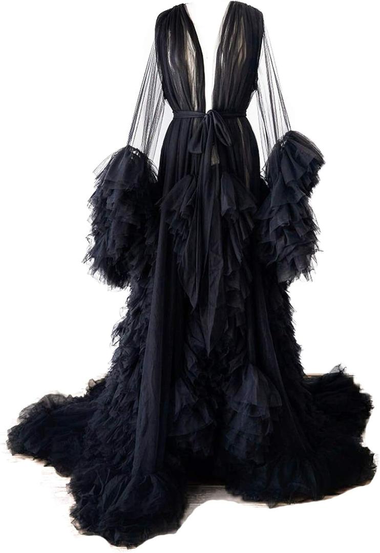 Tulle Robe Long Lingerie Bridal Dressing Gown Puffy Nightgown Photoshoot (X-Large, Black)