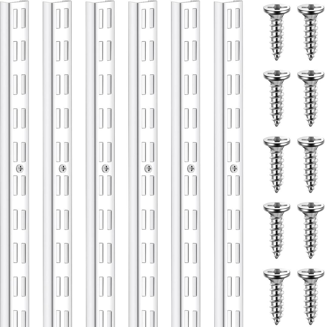 6 Pcs Dual Track Upright Wall Shelving System Heavy Duty Support System Twin Slot Shelf Rail Shelf Standards for Pantries Linen Closets Laundry Rooms(White,47.5 Inch)