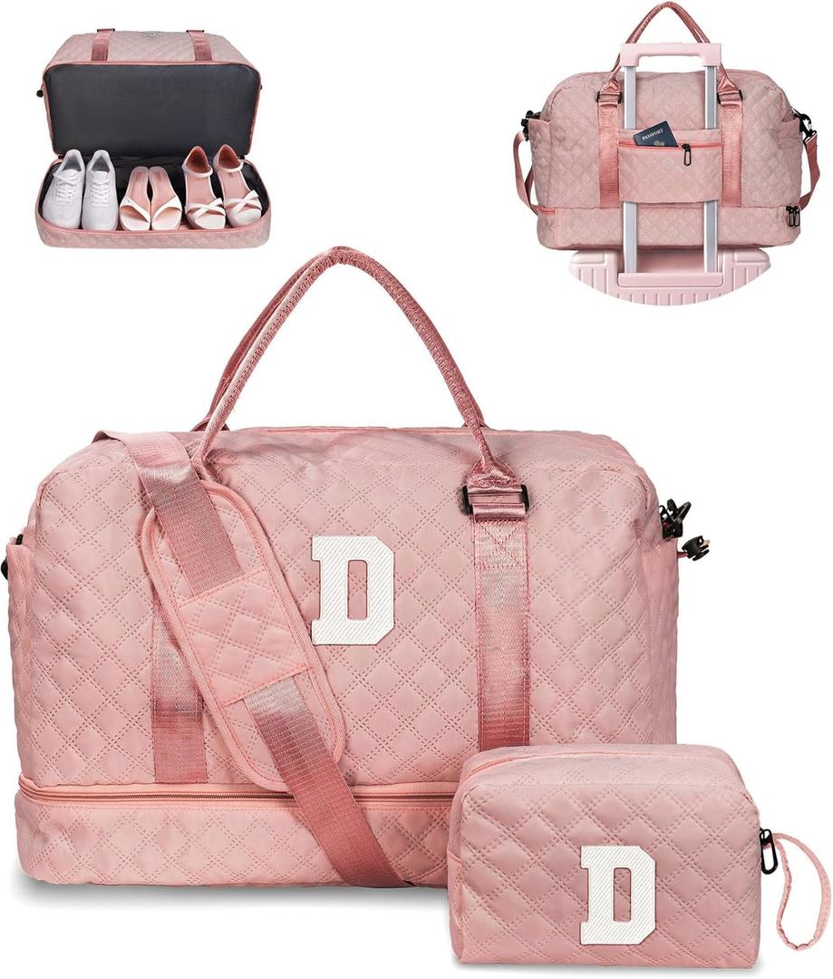 Birthday Gifts for Women-Duffle Bag with Shoe Compartment, Personalized Weekender Bag, Overnight Bag for Women with Trolley Sleeve & Wet Pocket, Letter Travel Bag with Makeup Bag (Letter D) (Pink)
