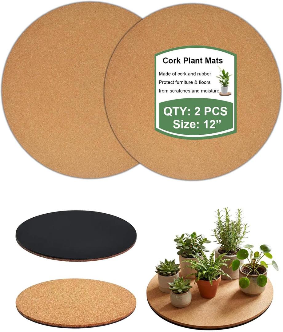 Vensovo Cork Plant Coasters & Saucers 12 Inch Absorbent Round Mats for Indoor Flower Pots, Planters, Houseplants, Surface Protector for Table & Floor, 2 Pack