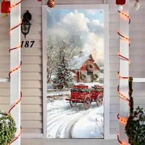 Farmhouse Christmas Door Cover Decoration, Winter Snowy Country Red Barn Front Door Photography Background Banner for Porch Indoor Outdoor Winter Party Decoration, 35 * 79 Inch