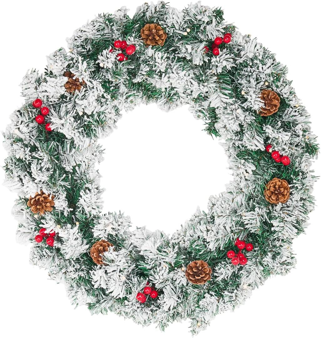 Christmas Wreaths for Front Door, 27 Inch Snow Flocked Christmas Wreaths, Christmas Wreath with Lights,Large Christmas Wreath, Prelit Christmas Decor with Pine Cones, Pine Needles,Red Berries