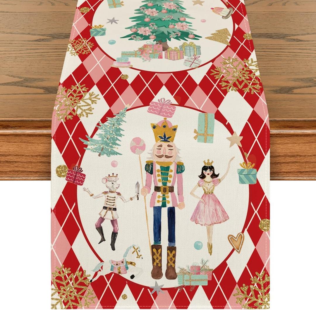 Artoid Mode Red Diamond Plaid Nutcracker Snowflake Christmas Table Runner, Winter Kitchen Dining Table Decoration for Home Party Decor 13x72 Inch