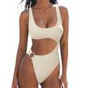 SUUKSESS Women Sexy One Piece Tummy Control Swimsuit Cutout Backless Slimming Swimwear 2025 Cheeky Side O-Ring Bathing Suit (Beige White,Large)