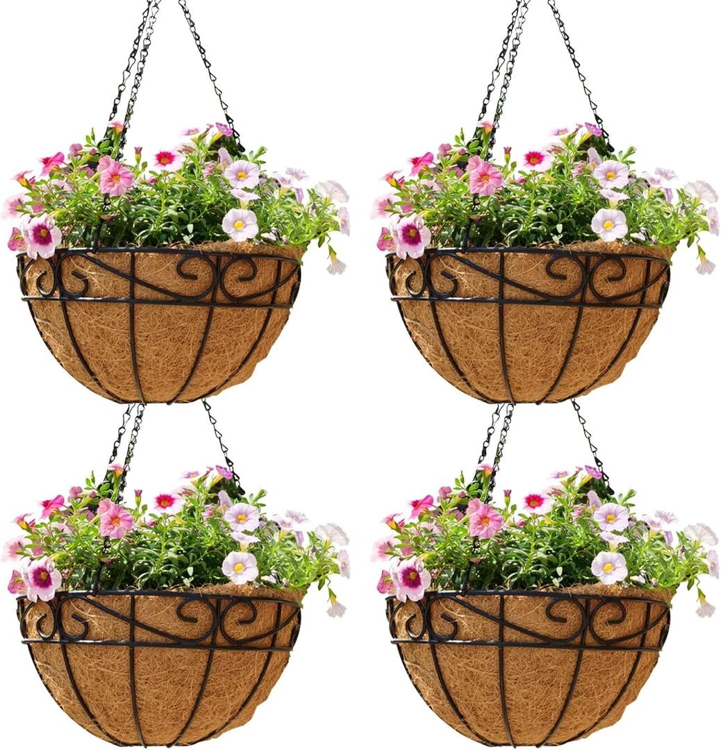 EIMQUVW Outdoor Metal Hanging Planters Basket (4pack, 14 inch) Hanging Baskets for Plants Chain Round Wire Plant Holder with Coco Fiber Liners for Garden, Patio, Deck, Porch (Flower Border)