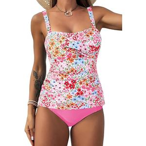 ZAFUL Twist Front Tankini Swimsuits for Women Slimming Ruched Bathing Suit Tummy Control Two Piece Tankini Set,Belly Full Coverage,High Waisted Bottom (Pink Floral, M)