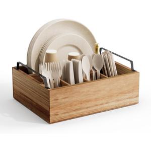 Paper Plate Holder Utensil Caddy Organizer, Wooden Utensil Holder Organizer for Party, Paper Plate Organizer or Cups, Forks, Spoons, Napkins and Silverware Holders
