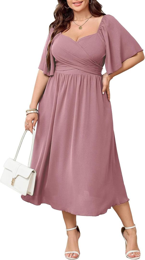 SHESTARR Women's Plus Size Midi Dress Sweetheart Neck Short Sleeve Wedding Guest Cocktail A Line Flowy Dress