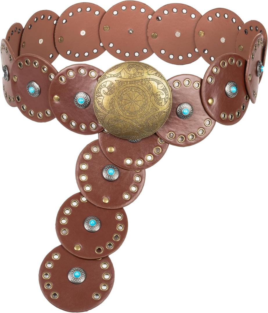 Eohak Women Wide Western Disc Belt Cowgirl Boho-Concho Leather Belts for Jeans Dress (Length 45'' (Fit Waist Size Below 40''), Brown-turquoise)