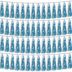 4P Light Blue Foil Fringe Metallic Streamers Banner Tassel Garland for Parade Floats, Bachelorette, Wedding, Birthday, Halloween, Christmas, Bridal/Baby Shower Party Decorations