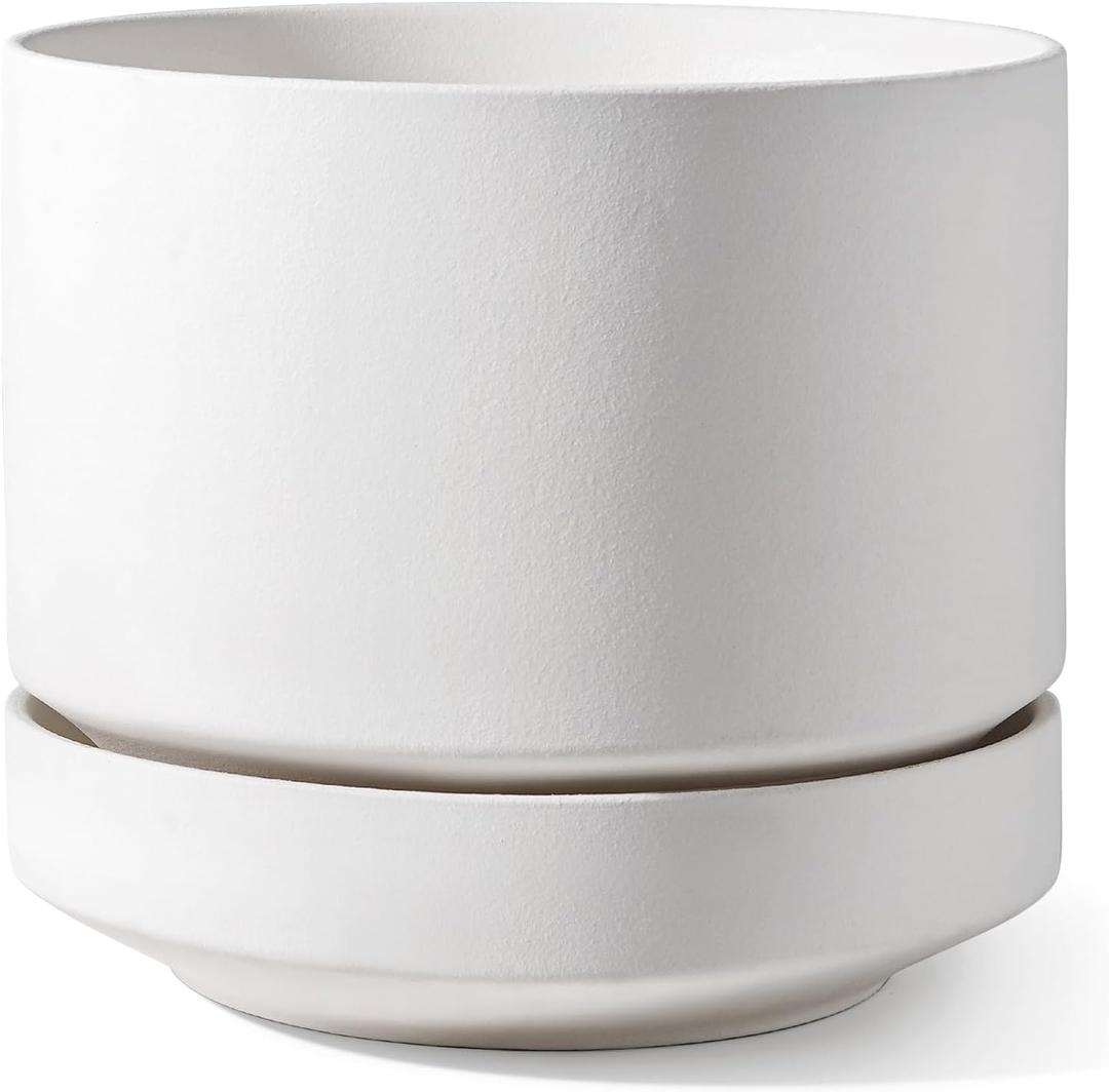 LE TAUCI Large 14 Inch Plant Pot with Saucer | Ceramic Outdoor & Indoor Big Planter Pot | Drainage Hole, Mesh Pad | Unglazed Porous | Modern Minimalist for Home and Patio Chalk White