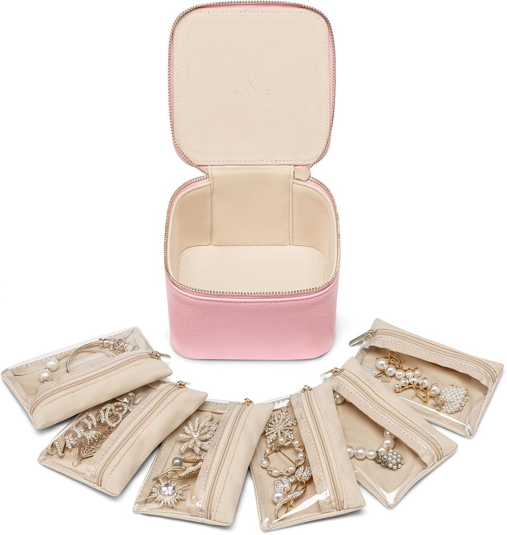 Vlando Travel Jewelry Case,PU Leather Jewelry Storage Organizer Case with 6 pcs Jewelry Bag,Christmas Wedding Birthday Gift Ideas for Women Bride Girls Strawberry Pink