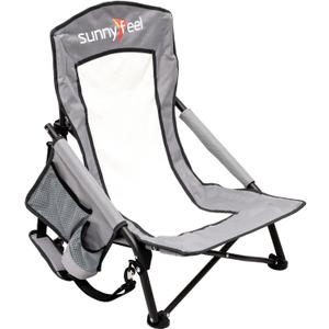 SUNNYFEEL Low Folding Beach Chair for Adults, Portable Lightweight Sling Beach Camping Chairs with Cup Holder, Armrest,Foldable Camp Lawn Chair for Outdoor Sand Concert Travel Sport Events,300LBS (Grey)