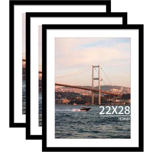 22x28 Picture Frame Black Set of 3, Display Pictures 18x24 with Mat or 22 x 28 Without Mat, Poster Frames 22x28 for Wall Hanging Horizontal and Vertical