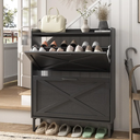 Maupvit Shoe Storage Cabinet with 2 Flip Drawers, Freestanding Organizer with Metal Legs for Entryway, Narrow Shoe Rack Cabinet, Black