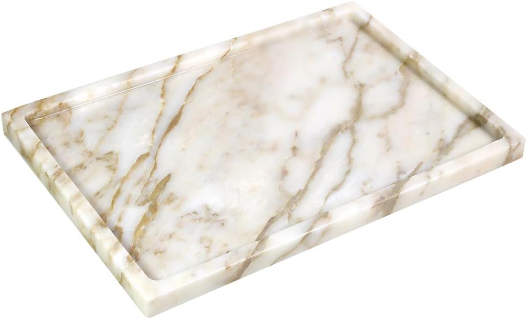 100% Natural Marble Serving Tray Luxury Marble Storage Tray for Home Decor Stone Tray for Bathroom/Kitchen/Vanity/Dresser,Plate Holder for Tissues, Candles, Towel (12" x 8" x 0.7")