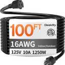 16/3 100 FT Black Outdoor Extension Cord Waterproof, Black 16 Gauge Extension Cord Flexible and Cold Resistant 3 Prong Grounded Plug,10Amp 1250W SJTW ETL Listed