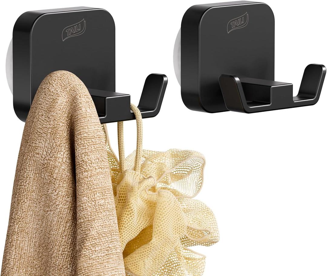TAILI Patented Strong Suction Cup Hook, 304 Stainless Steel Bathroom Suction Cup Holder for Towel, Loofah, Bathrobe, Damage-Free Hanging Shower Wall Hook, Double-Hook Widening Design, 2 Pack, Black