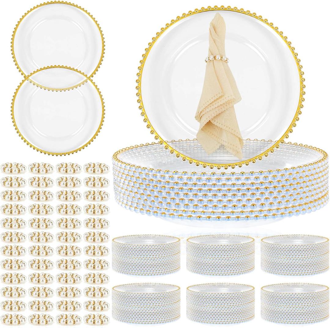 Tioncy 50 Set Clear Charger Plates Bulk Includes 50 Clear Beaded Charger Plates 13" and 50 Napkin Rings Plastic Dinner Table Decorative for Wedding, Party, Tabletop Decoration(Beaded Ring,Gold)