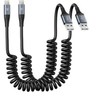 Coiled Lightning Cable, iPhone Charger Cable 3FT for Car, 2 Pack [Apple MFi Certified] 3 Feet Lightning Cord Compatible with iPhone14/13/12/11 Pro Max/XS MAX/XR/XS/X/8/7/Plus/6S iPad/iPod- Black