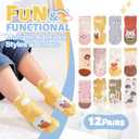 ANTSANG 12 Pairs Baby Girls Boys Toddlers Kids Grips Socks Crew Cotton Non-Slip/Anti-Skid Grips Socks(Fun Animal,3-5T)