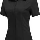 HOTOUCH Women Short Sleeve Button Down Shirts Business Work Fitted Collared Blouse Office Basic Summer Tops (Black, M)