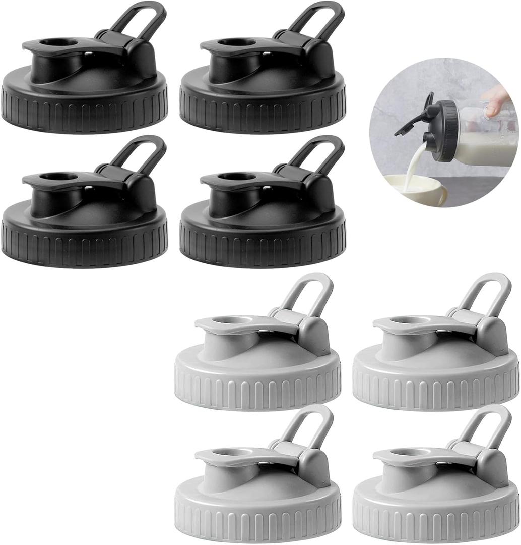 Pour Spout Lids for Ball Wide Mouth Mason Jars, Airtight Canning Jar Flip Cap Top Lid for Drinking, Salad, Dressing Pouring, Leak-Proof, Pack of 8 (Black&Grey 8 pcs)