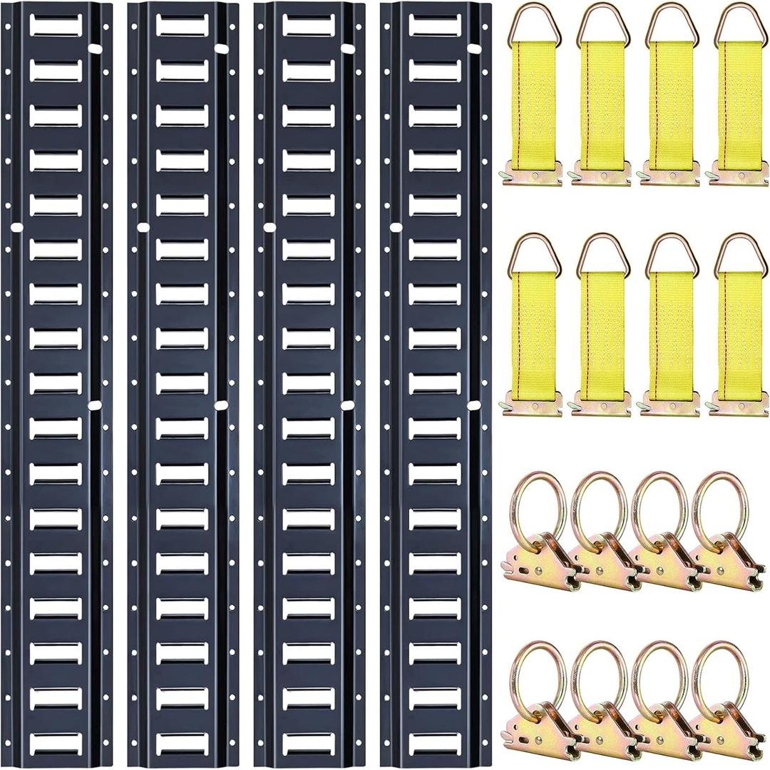 Trekassy 4ft E Track Tie-Down Rail Kit for Garages, Vans, Trailers, Motorcycle Tie Downs, ATV Mountings, 4' Etrack Rails with 16PCS E Track Accessories: 8 Steel O-Ring Anchors & 8 Rope Tie Offs