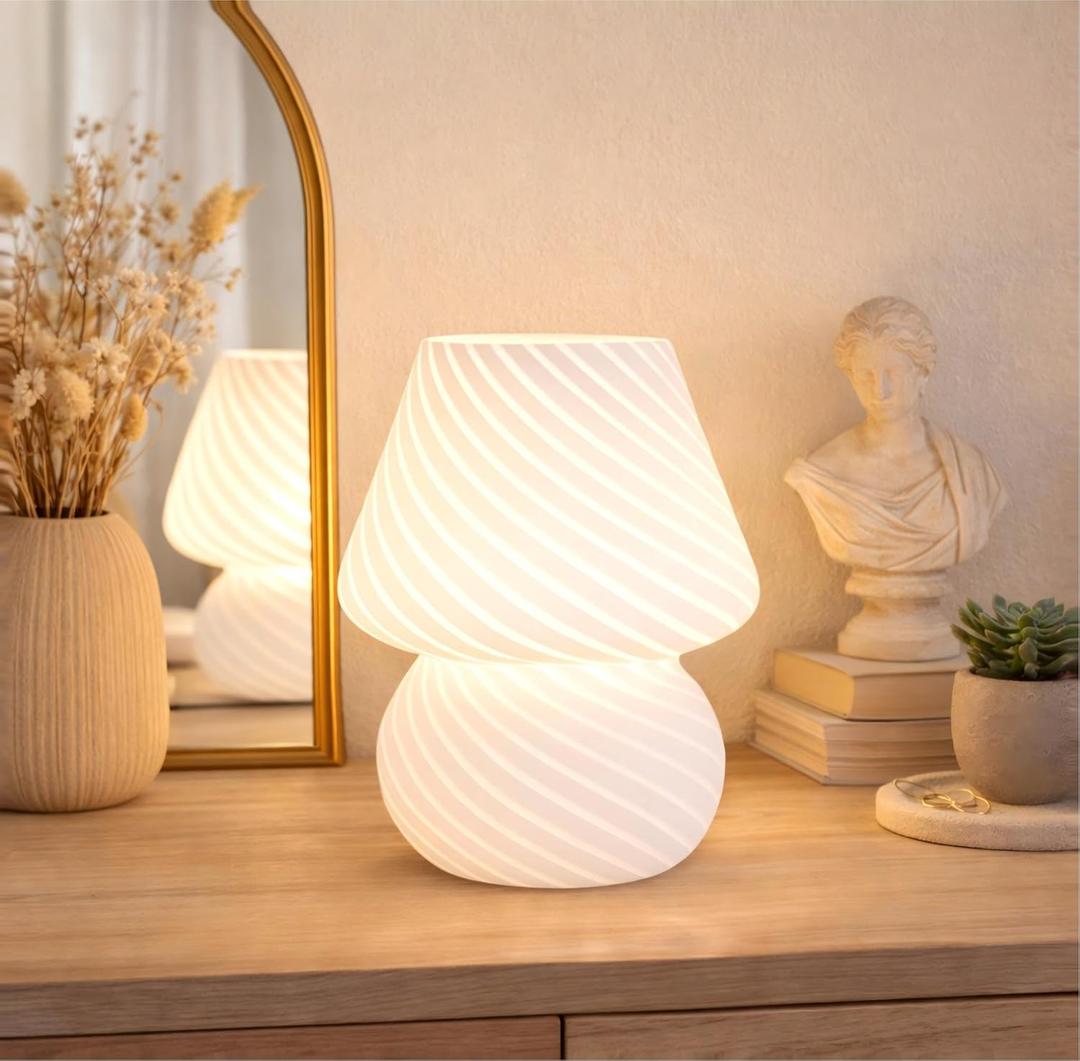 USB Plug-in Mushroom Lamp Small Bedside Table Lamp with 3 Temperature LED Bulb,Free Dimming Nights Light for Bedroom/Living Room/Entryway/Corner Decor (Stripe White)