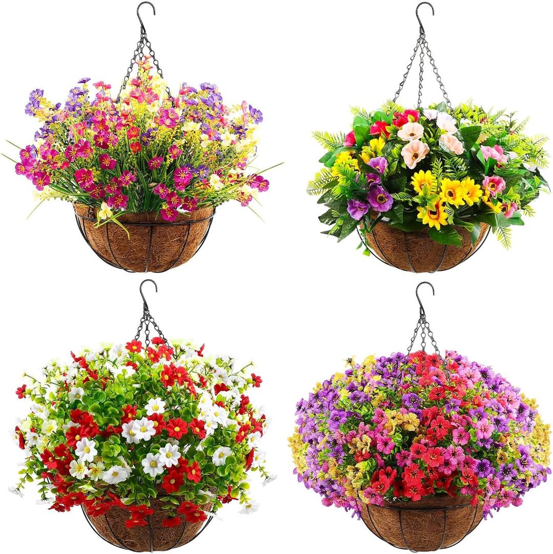 Lyrow 4 Pack Artificial Hanging Flowers with Baskets Outdoors Faux Flowers with 12 Inch Coconut Lining Baskets Realistic Artificial Hanging Plants for Patio Lawn Garden Decor