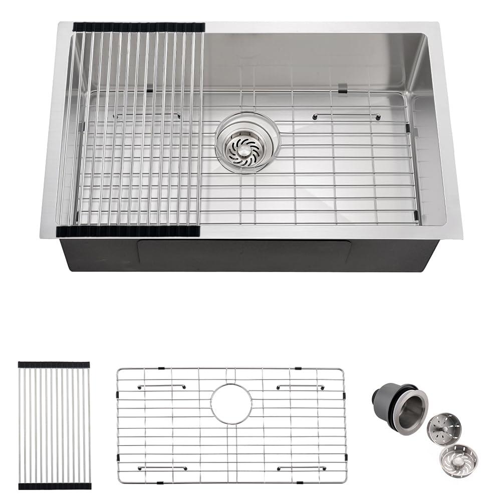 27x17 Undermount Stainless Steel Kitchen Sinks, Dorzom 27x17x9 Inch 16 Gauge Stainless Steel Sink Single Bowl Kitchen Sink Under-mount with Bottom Grid & Rolled Drying Rack